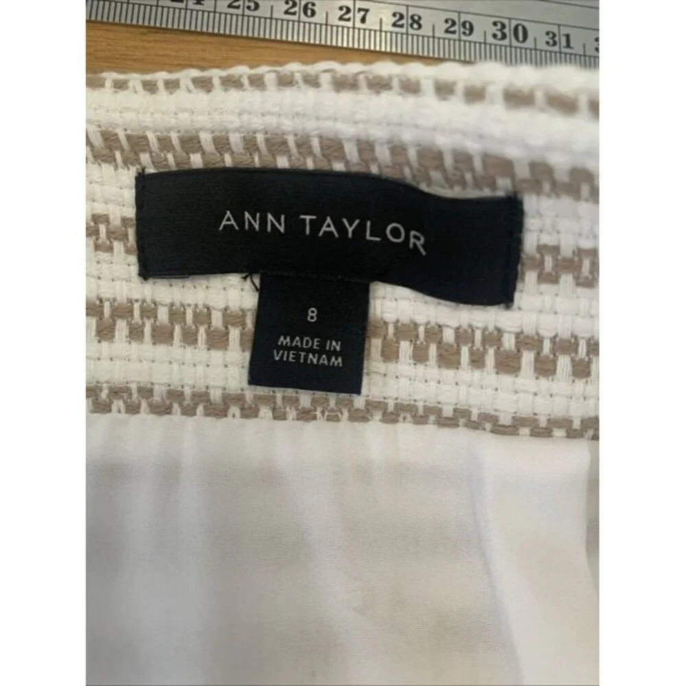 Ann Taylor Cotton Skirt Ivory Tan Stripe Tweed Sz 8 Faux Wrap Lined Fringe NWOT